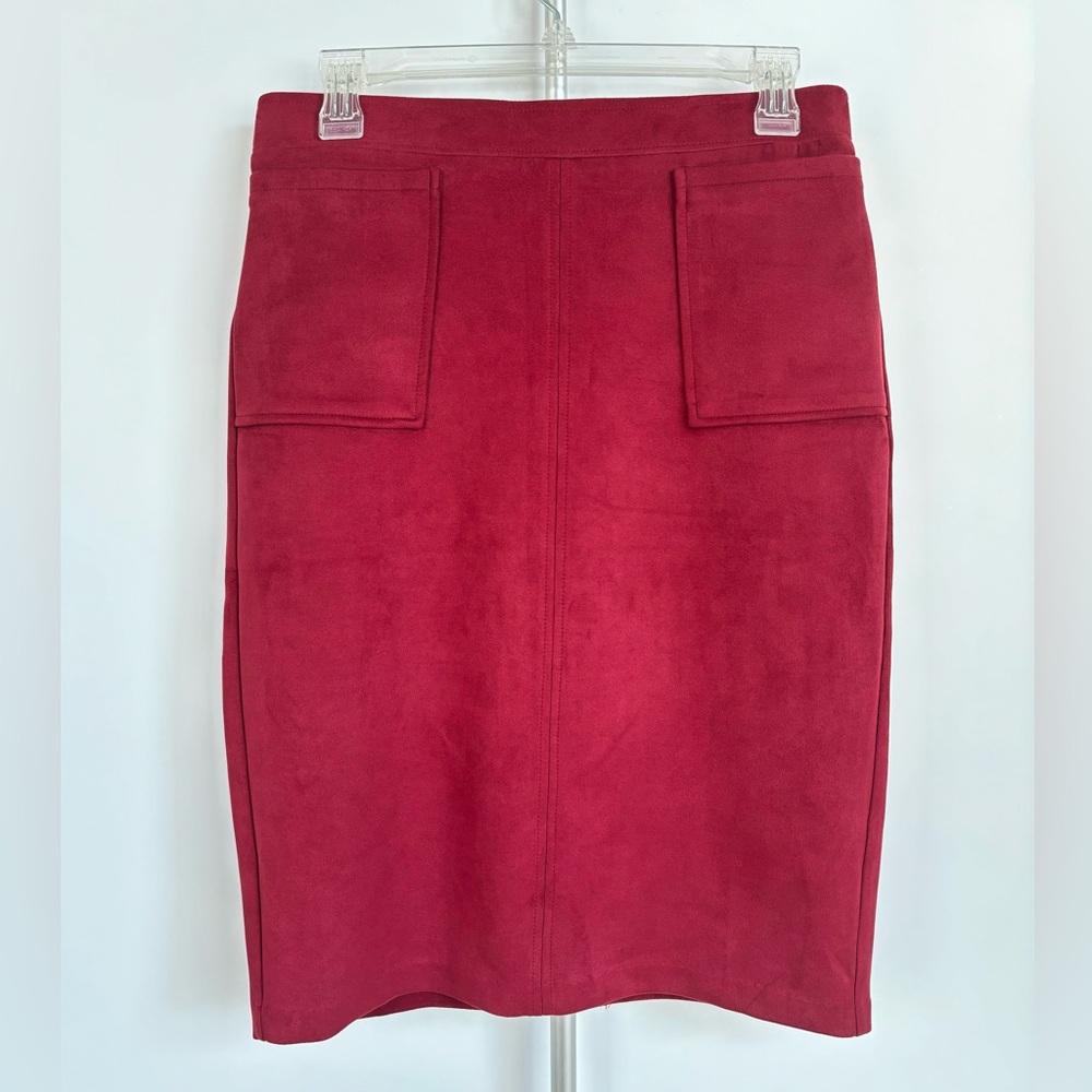 Carole‎ Wren Cranberry Faux Suede Stretch Pull-on Pencil Skirt Pockets & Slit Sm